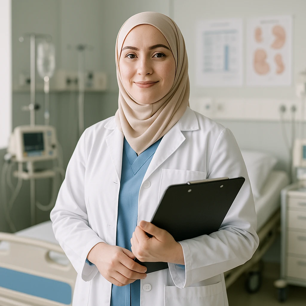 a hijabi midwife with pale skin, standing confidently, clipboard in hand, hospital background emoji