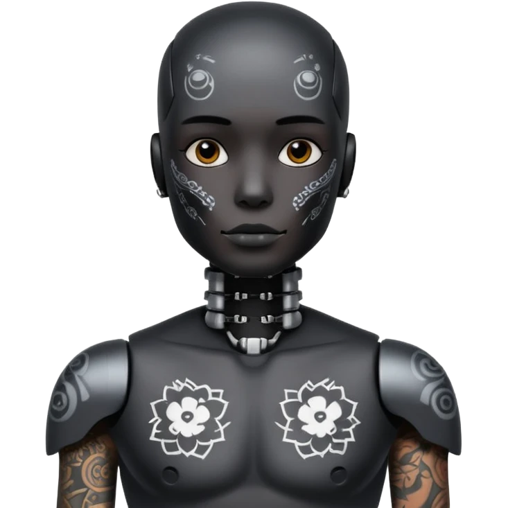 black Tatooed robot, big many tatooes on chest, neck and face, white tatoo on face emoji