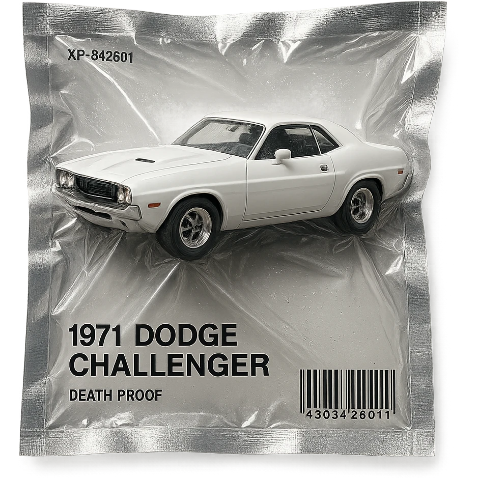 white 1971 Dodge Challenger muscle car, glossy and puffy, inspired by the movie 'Death Proof' emoji