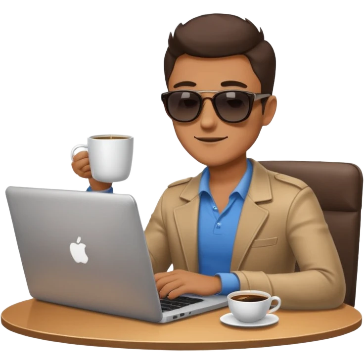 cool man in sunglasses with a laptop and coffee emoji