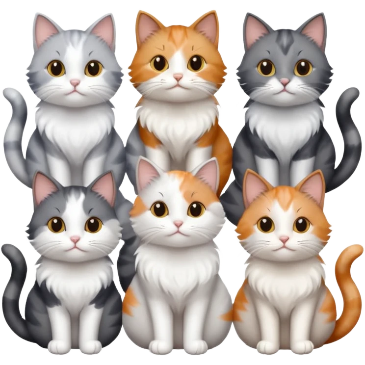 6 realistic looking cats with different natural coloured coats, assorted grey and white, greys, calico, brown and white colours etc
 emoji