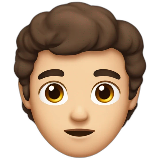 more square head, serios shut mouth, dense eyebrows, serious tired brown dark eyes,  wavy borwn dark hair that goes intil the ears lenght,  emoji