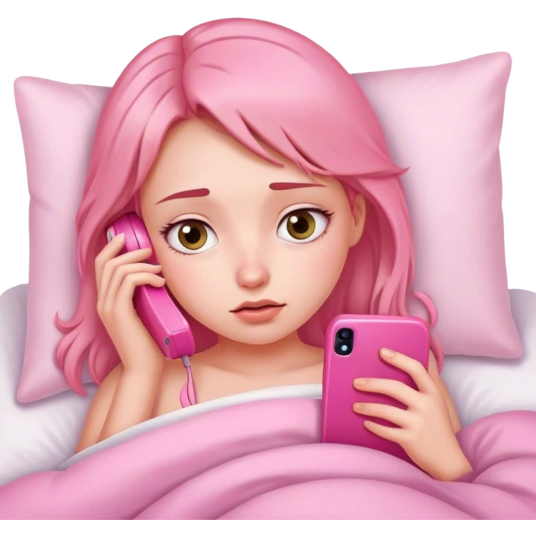 Girl on a pink phone in bed with tired eyes  emoji