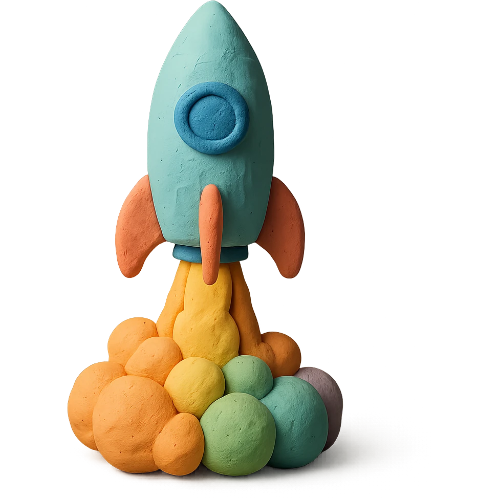 rocket ship blasting off with colorful smoke, matte finish, pastel colors, visible fingerprints, claymation style emoji
