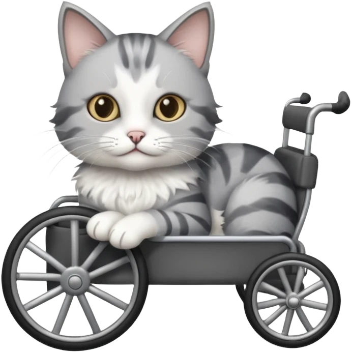 grey and white cat in a cat wheelchair emoji