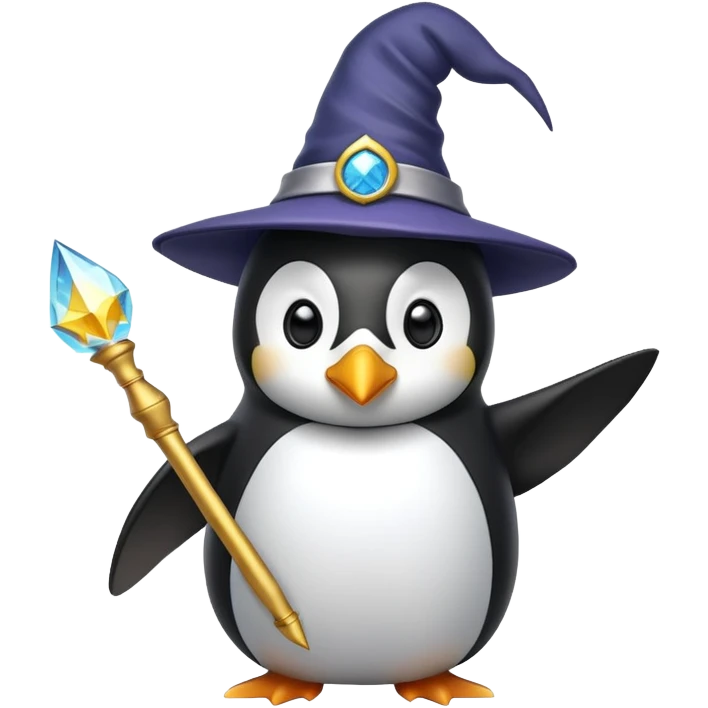 A penguin wearing a wizard hat and holding a magic wand emoji