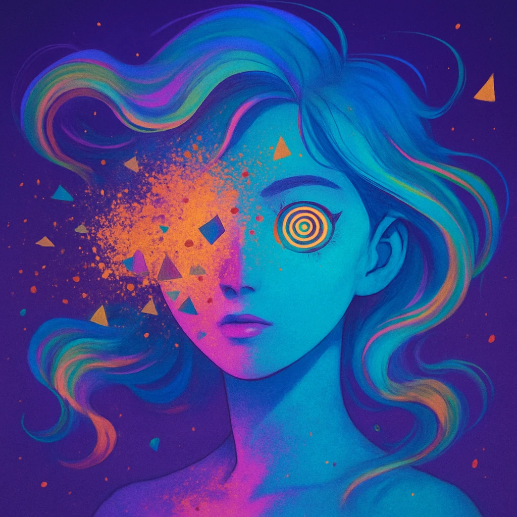 surreal portrait, neon skin, dissolving face with airbrush color explosion, hair as liquid color swirls like aurora, spiral eyes, geometric shapes breaking through face, paint spray effect, acid purple, turquoise, electric pink, smooth blending, dynamic movement emoji