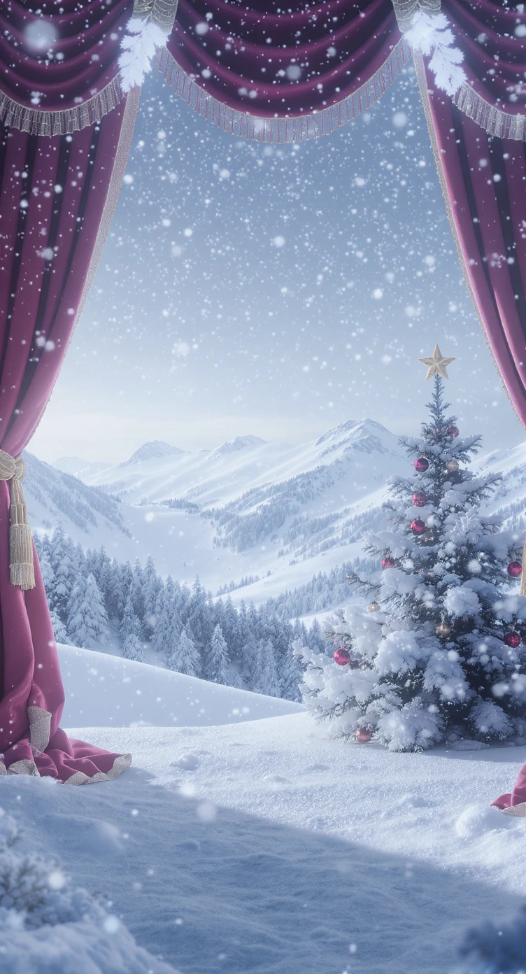 Cinematic still of a winter landcape, snowy, next to stage christmas tree in snow, in background we can see beautifull snowy landscape, soft light, symmetrical, day emoji