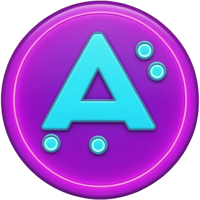 futuristic minimalistic emoji icon, letters "A" formed by three glowing digital lines representing Storm, Atom and NoizeGames, neon purple (#8B5CF6) and cyan (#00E0FF) on dark background, modern tech style, 1:1 aspect ratio emoji