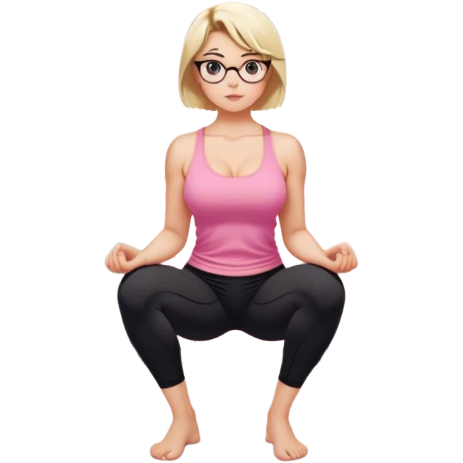 View from knees up, view from quarter angle, fair skinned woman, thick milf, short blond hair, small reading glasses, squatting down in kitchen, pink loose tank top, showing natural B cup breast shape SFW, black yoga pants, large curvy booty emoji