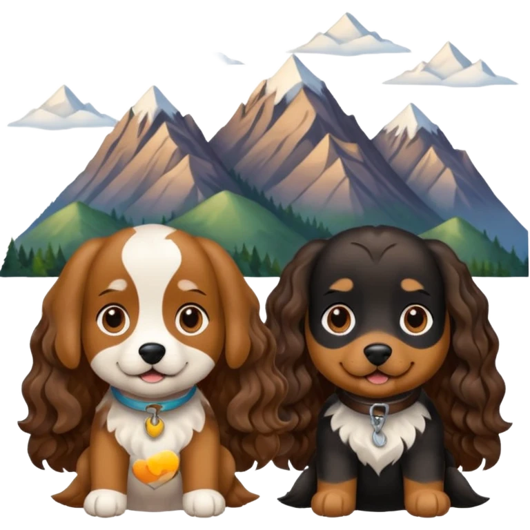 two dogs with wavy hair, one black and brown, one shades of brown with mountains emoji