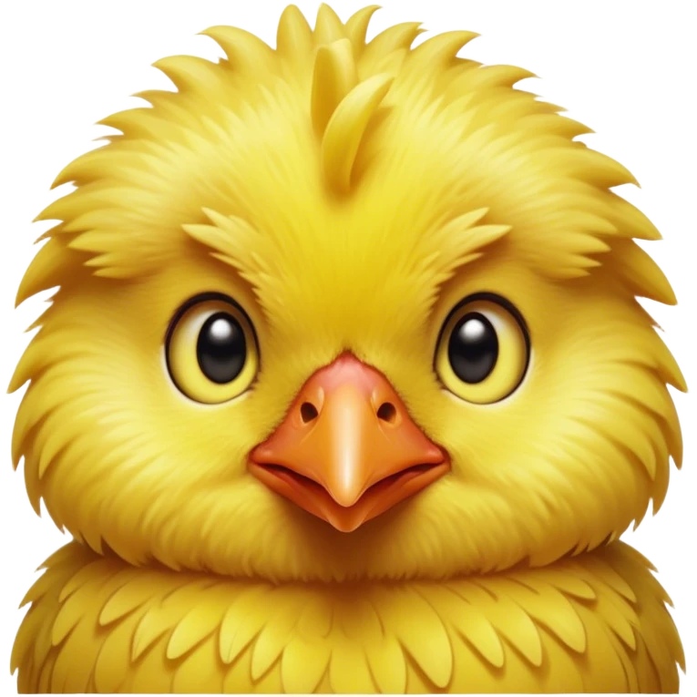 Cinematic Cute Yellow Baby Chicken Portrait Emoji, Head tilted playfully and inquisitively, featuring a fluffy, vibrant yellow downy coat with a tiny red comb, round, sparkling beady eyes filled with curiosity, Simplified yet irresistibly adorable features, highly detailed, glowing with a warm, friendly glow, high shine, affectionate and lively, stylized with a touch of playful whimsy, bright and endearing, soft glowing outline, capturing the essence of a mischievous yet loving chick, so playful it feels like it could peep out of the screen and into your arms! emoji