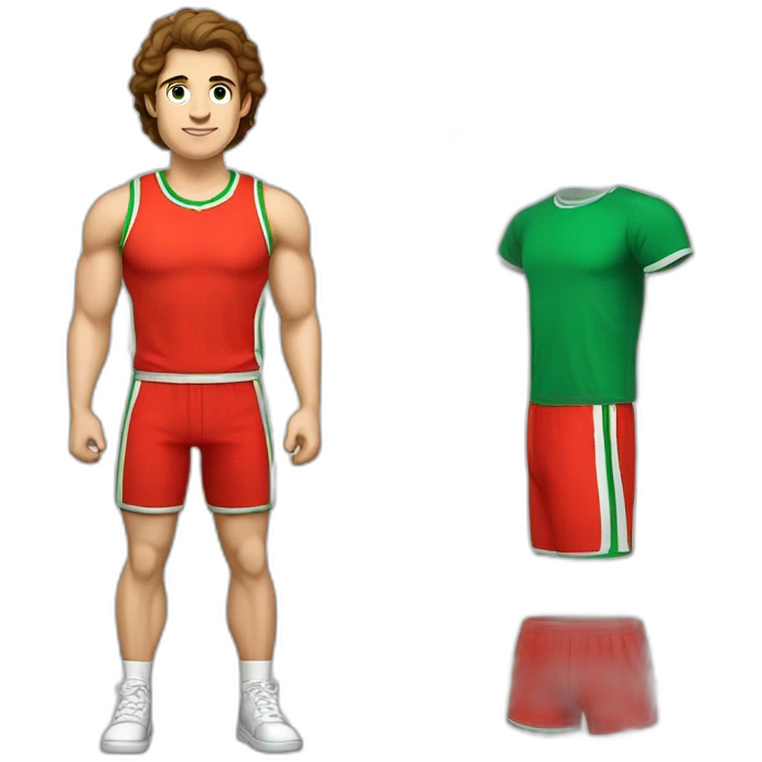 retro 70s red and green gym clothes for a modern white brunette uni male student with glass emoji
