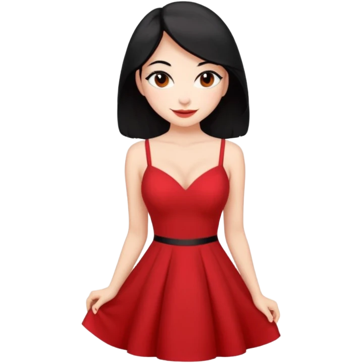 Chica súper joven y delgada pero con pechos grandes y  con delineado con vestido rojo escotado en la espalda y pelo semi largo negro, con sonrisa coqueta emoji