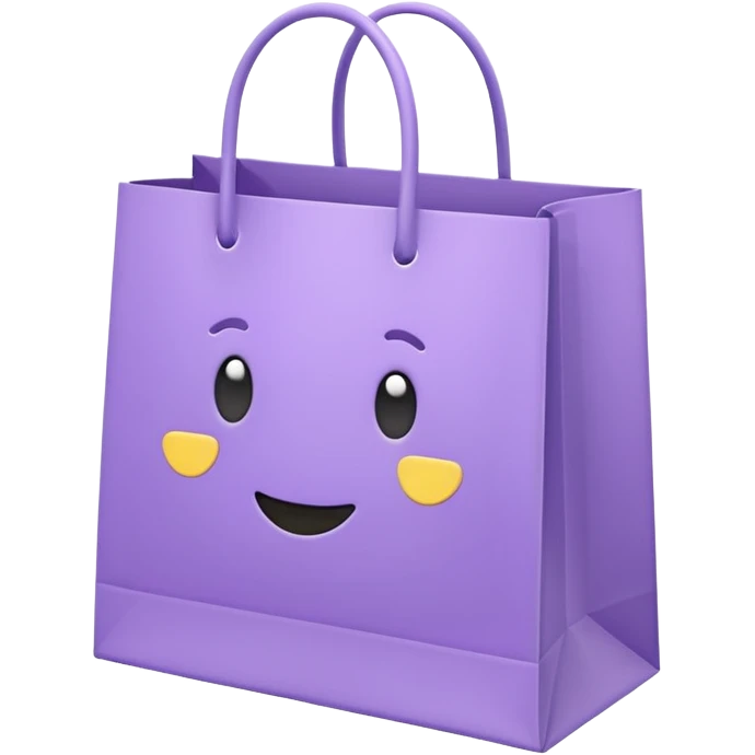 A cute emoji-style illustration of a purple paper shopping bag, pastel purple color, rounded shape, simple clean lines, kawaii style, soft shading, minimal details, centered composition, transparent background emoji