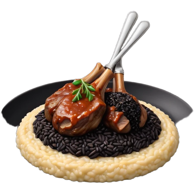 Lamb Shanks with Risotto Nero on a black plate emoji