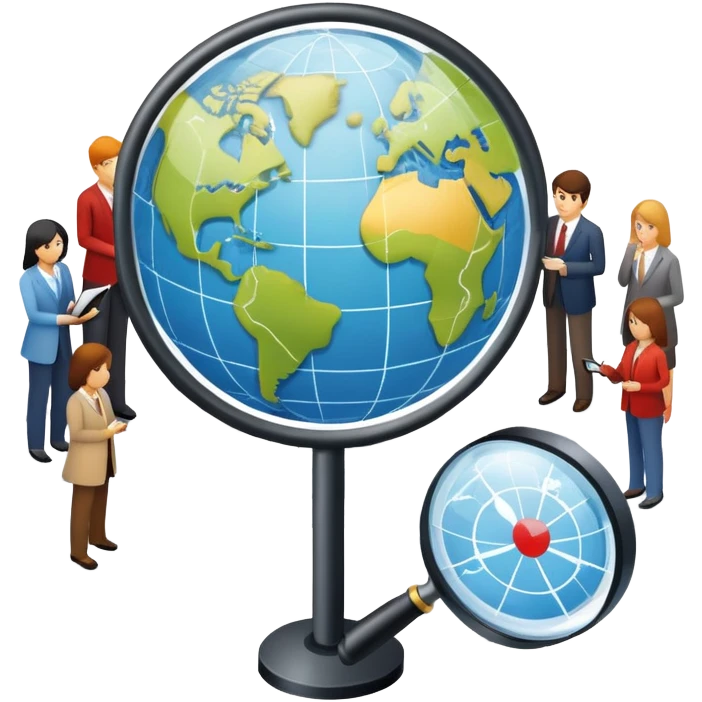 An icon featuring a group of people, a network diagram, and a magnifying glass, symbolizing sociology. The design includes a globe and interconnected lines, representing social structures and relationships. Transparent background highlights the study of societies and human behavior. emoji