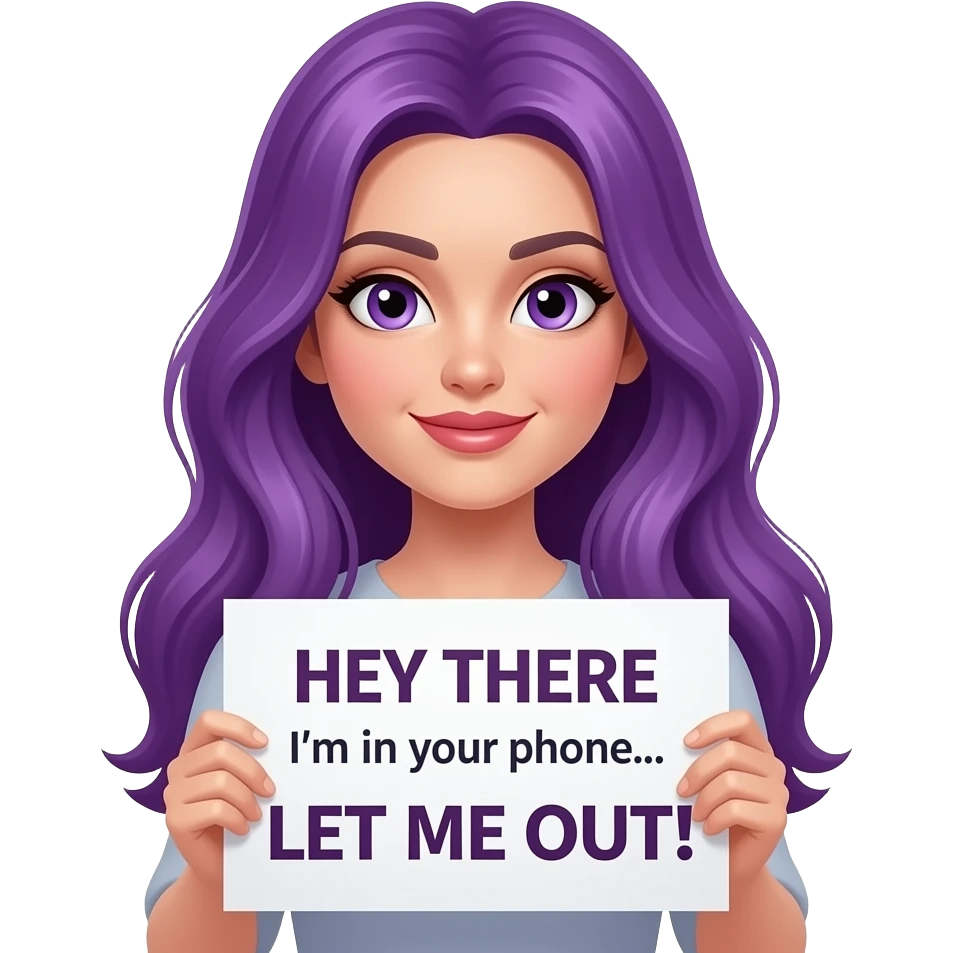 sexy girl with long purple hair and purple eyes holding a HEY THERE I'm in your phone... LET ME OUT! sign emoji