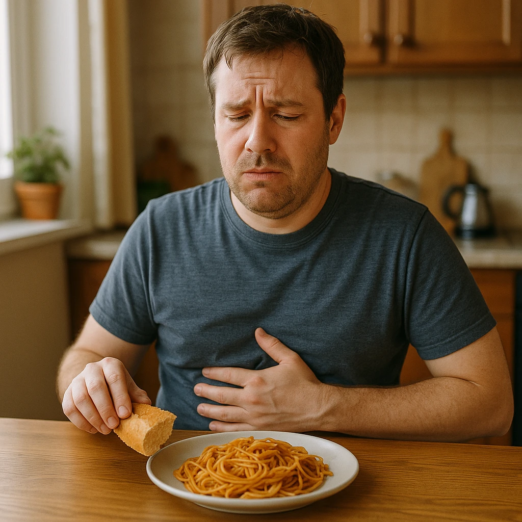 A man in his mid-30s sitting at a kitchen table with a plate of pasta and bread in front of him, looking uncomfortable and conflicted. His facial expression shows bloating, fatigue, and mild abdominal pain. One hand is on his stomach, the other hesitating to eat. emoji