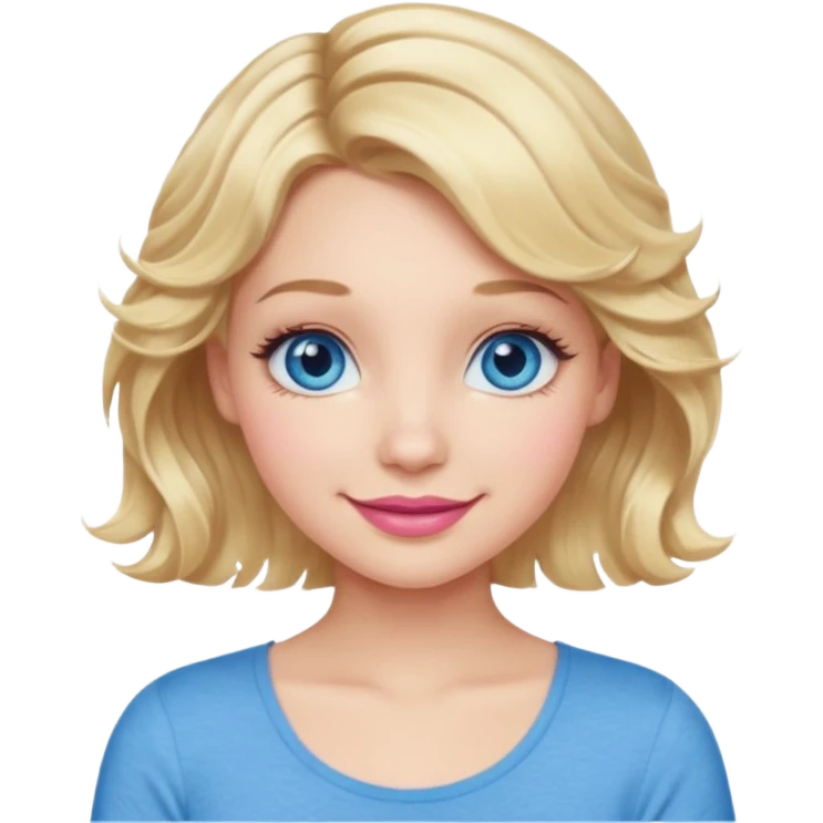 Girl Blonde short wavy hair,  blue eyes, cute blue top, long lashes, pink lips, smiling, 💁🏻‍♀️  emoji