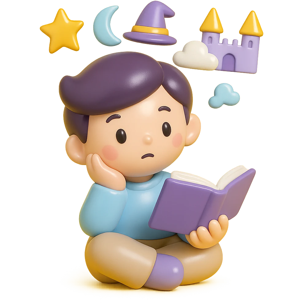 beginner author, thoughtful, imagining various fantasy worlds, using a color palette of soft pastel colors with accents of gold and deep purple emoji