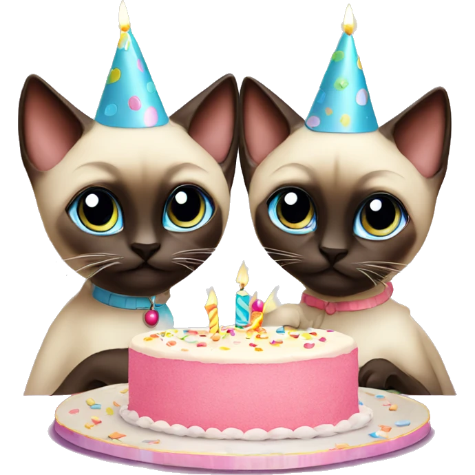 two siamese cats at a birthday party eating cake emoji
