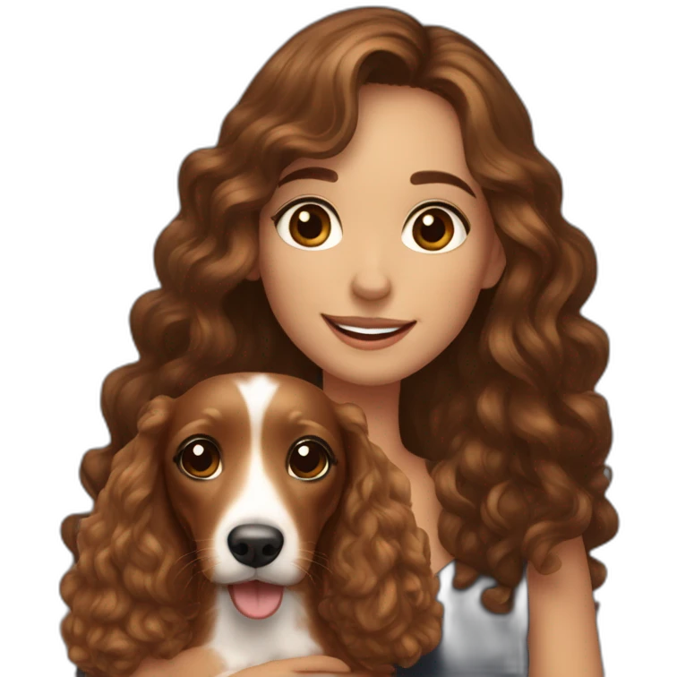 Young lady long curly brown hair smiling and brown eyes with long eyelashes and holding a dachshund  in her arms emoji