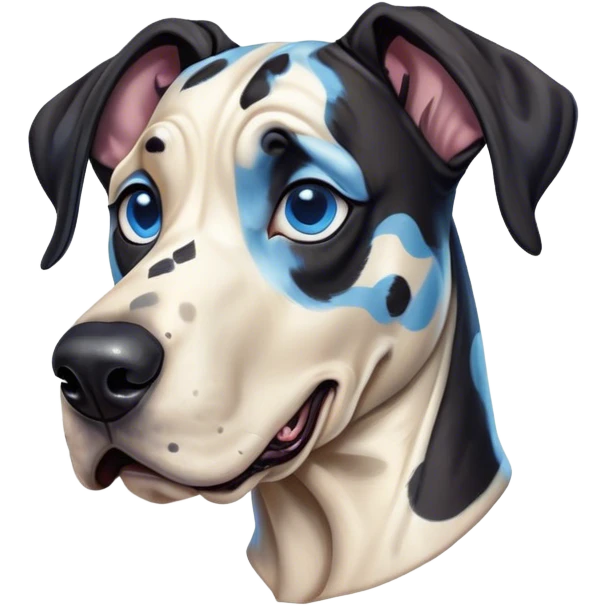 Cinematic Comical Harlequin Great Dane Portrait Emoji, Head tilted dramatically with an exaggeratedly shocked or amused expression, featuring a striking coat of predominantly white with vivid black patches, wide, expressive blue eyes filled with playful disbelief, Simplified yet hilariously expressive features, highly detailed, glowing with a slightly sassy glow, high shine, dramatic yet playful, stylized with an air of cheeky charm, bright and endearing, soft glowing outline, capturing the essence of a spirited and over-the-top guardian, so meme-worthy it feels like it could side-eye its way into internet fame instantly! emoji