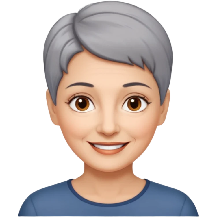 woman 60 years old, shaved short uncombed dark grey hair, brown eyes smile emoji