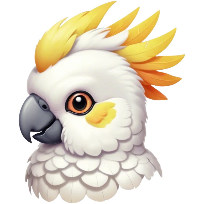 Cinematic Cute Cockatoo Portrait Emoji, Head tilted playfully and inquisitively, featuring a charming, fluffy form with a vividly colored crest, round, sparkling eyes full of playful wonder, and a soft, curved beak, Simplified yet irresistibly adorable features, highly detailed, glowing with a warm, inviting tropical glow, high shine, affectionate and lively, stylized with a touch of whimsical avian charm, soft glowing outline, capturing the essence of a mischievous yet loving cockatoo that seems as if it could flutter out of the screen into your arms! emoji