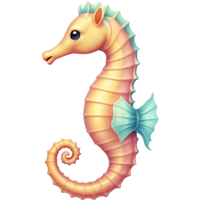 Cinematic Cute Sea Horse Portrait Emoji, Head tilted playfully and inquisitively, featuring a charming, petite seahorse with a softly curved body in pastel tones, a delicately coiled tail and round, sparkling eyes full of gentle wonder, Simplified yet irresistibly adorable features, highly detailed, glowing with a warm, inviting aquatic glow, high shine, affectionate and lively, stylized with a touch of enchanting marine charm, soft glowing outline, capturing the essence of a mischievous yet loving seahorse that seems as if it could float out of the screen into your arms! emoji