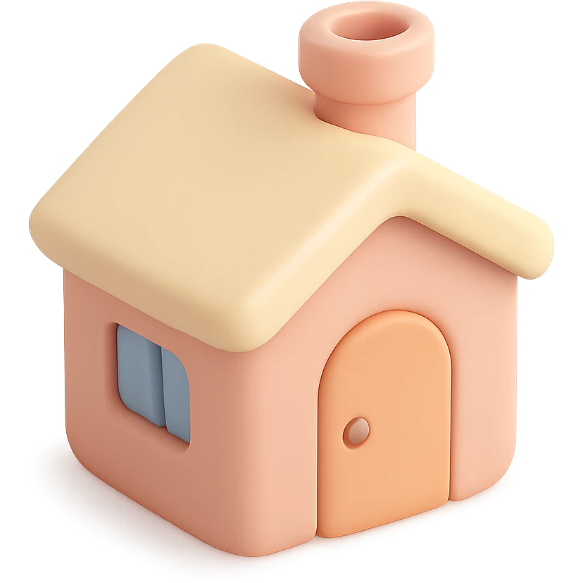 A simple cute house with a chimney and a door, rounded corners, smooth plastic texture, pastel colors emoji