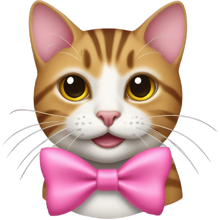 Tabby cat  wearing a pink bow with a fish in its mouth emoji