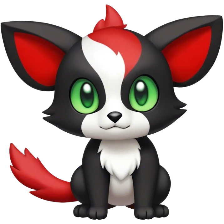 Cute cool black red animal hybrid Fakemon full body, green eyes, white belly, white muzzle emoji
