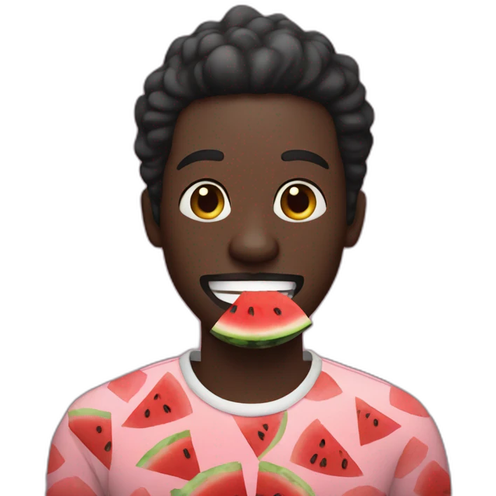 Dark skin man with a watermelon in his mouth pretending to smile emoji