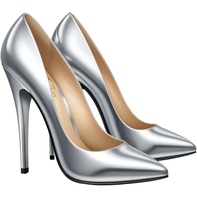 A pair of high heel shoes emoji made of polished silver chrome, elegant sharp silhouette, smooth metallic surface, glossy reflections, luxury sexy vibe, minimalistic iOS emoji style, centered, clean white background emoji