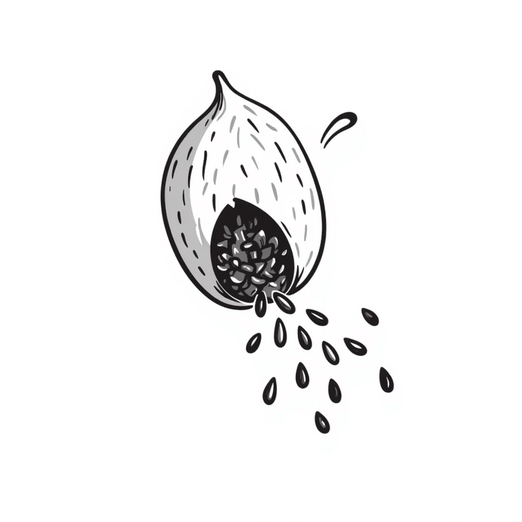 hand-drawn sesame seed pod opening with seeds spilling out emoji
