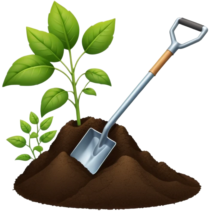 An icon featuring a shovel, a plant symbolizing agronomy. The design includes crops, a field, and a watering can, representing the science of soil management, crop production, and sustainable farming. Transparent background highlights agricultural research and growth. emoji