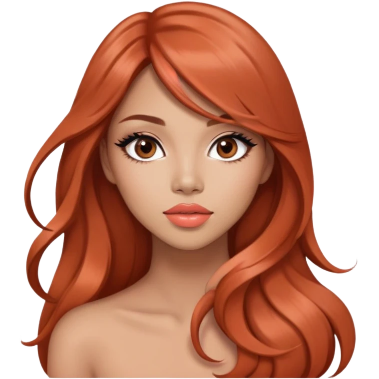 gorgeous woman, light tan skin, very long auburn hair, side bangs, black eyes, peach coral lipstick, model, latina, asian, mixed emoji