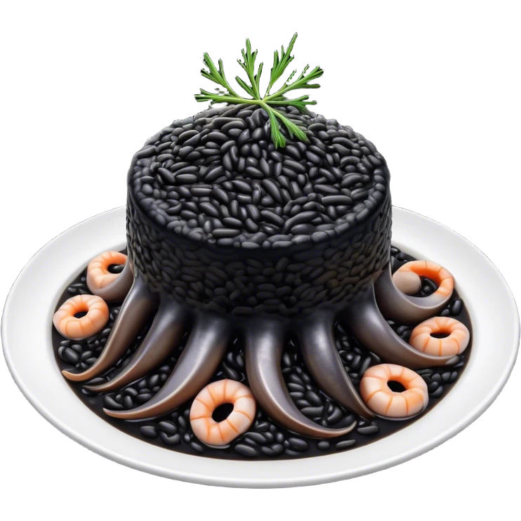 Cinematic Realistic Black Risotto Dish Emoji, showcasing a rich squid ink-infused risotto rendered with bold textures and dynamic, dramatic lighting. emoji