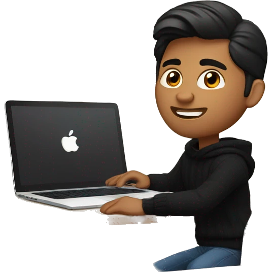     memoji of a man with a laptop in front, apple-style,modern,dark hair,black sweater,computer in hand, indian brown skin, sitting on his desk emoji