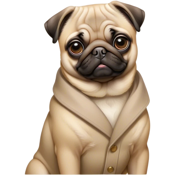 Cinematic Noble Fawn Pug Portrait Emoji, Poised and regal, with a compact, sturdy build and a sleek, well-groomed fawn coat, deep-set soulful dark eyes, Simplified yet sharp and sophisticated features, highly detailed, glowing with a soft, dignified glow, high shine, intelligent and spirited, stylized with an air of confidence, focused and attentive, soft glowing outline, capturing the essence of a watchful and commanding companion, so majestic it feels as though it could prance out of the screen with effortless authority! emoji