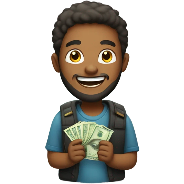 happy boy with beard indoors and money in his hand  emoji