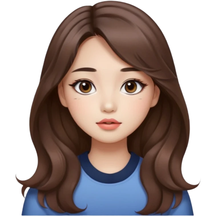 “korean straight brown hair Emoji girl, soft eyeliner and blush, gradient lips, light brown shimmer eyeshadow, long wavy hair,  emoji