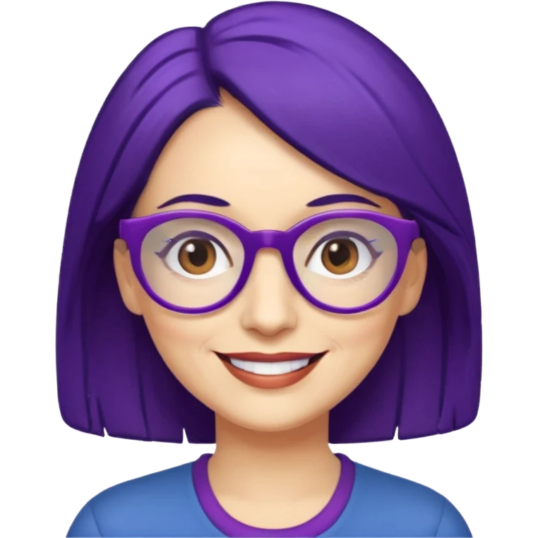 Cartoon 50-year-old youthful woman with purple glasses, brown eyes, and dark blue (not purple) hair to her shoulders. emoji