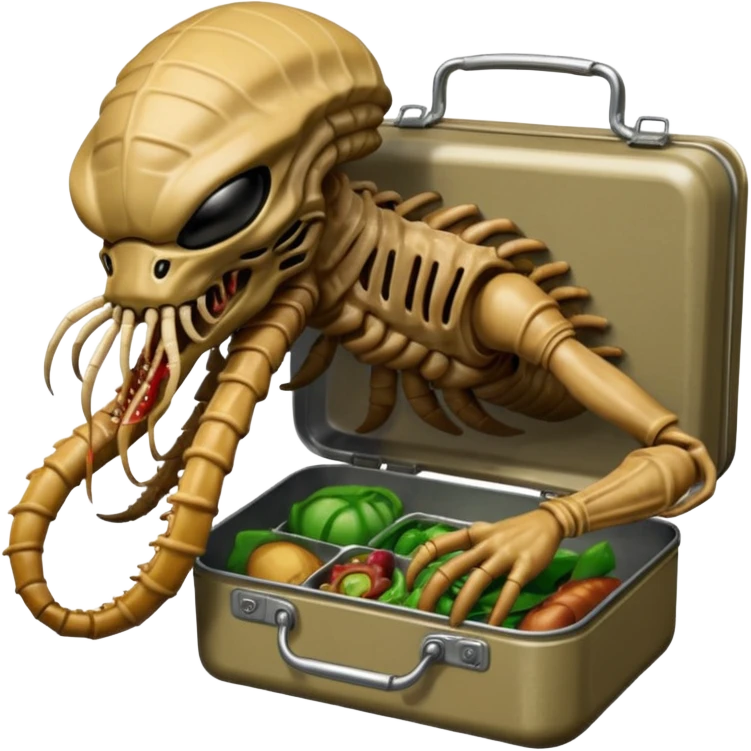 The original Predator with mask and mouth piece eating an Alien facehugger from a lunchbox, the setting should be dark and real. emoji