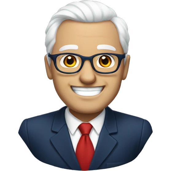 A heavy man, white hair, with glasses, no beard, smiling with teeth, and wearing a navy blue suit and red tie emoji