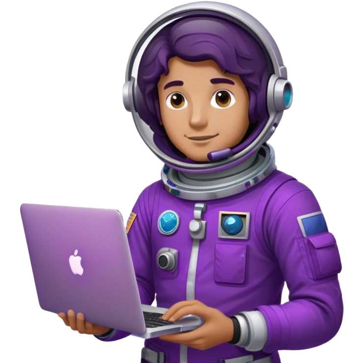 guy astronaut with purple suit, long ombre black/brown wavy hair and one macbook emoji
