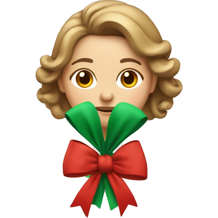 Middle aged woman with light brown hair learning how to tie a Christmas bow emoji