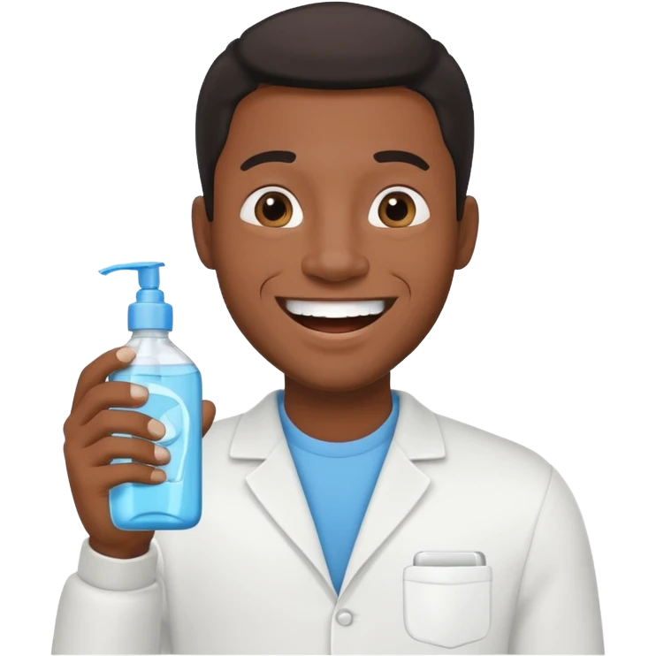 Emoji of a cheerful Black man holding mouthwash, big smile, simple design emoji